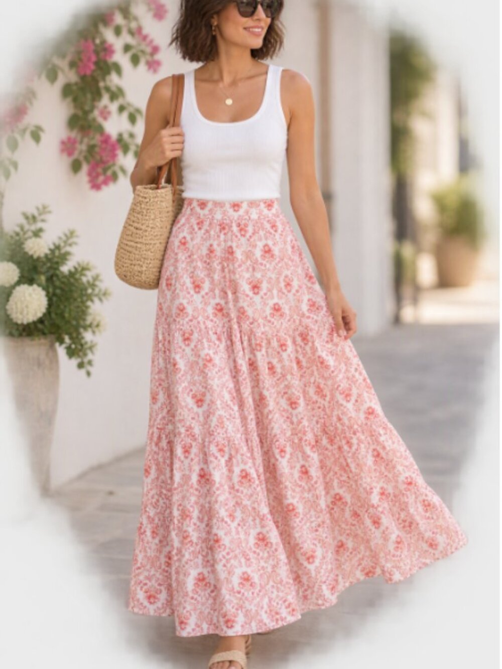 Cynthia Rowley Linen Blend Pink Floral Tiered Maxi Skirt